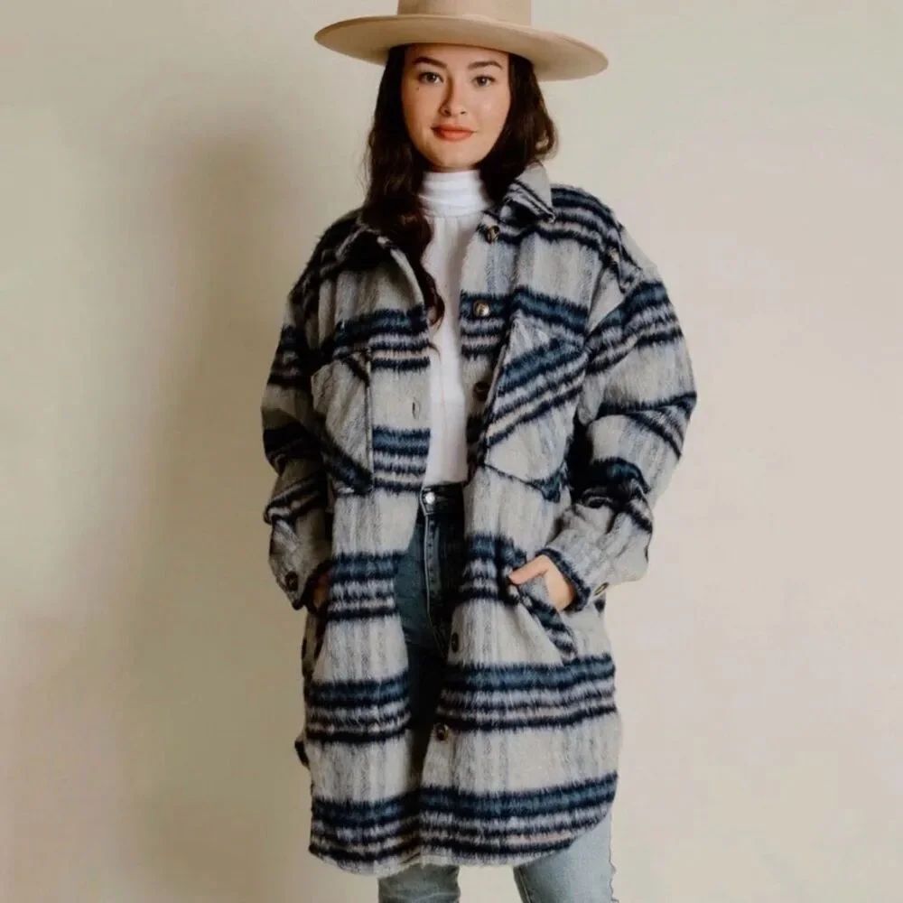 PROMESA | NEW Into the Woods Gray Blue Print Shacket Jacket Women’s Size Small